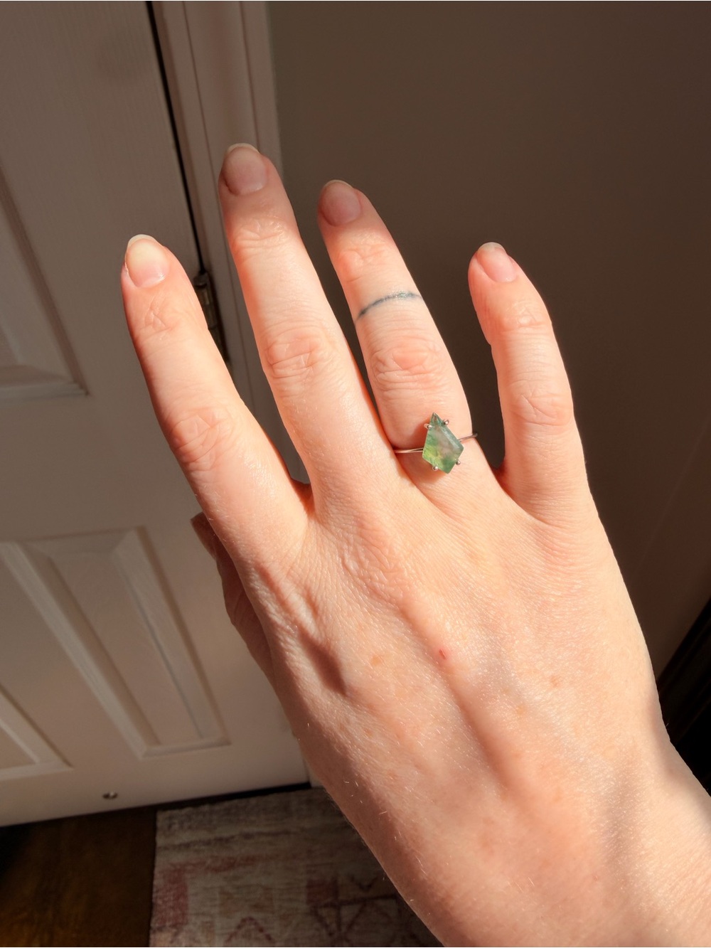 Dainty Sterling Silver (stamped) Moss Agate Kite ring adjustable
